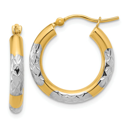 10K Yellow Gold With Rhodium Diamond Cut 3mm Hoop Earrings