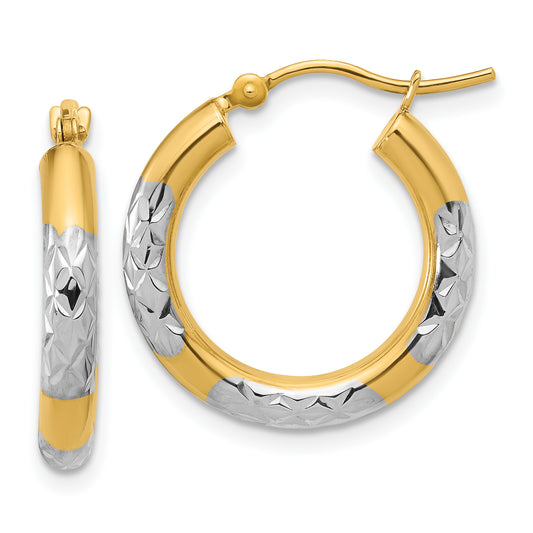 10K Yellow Gold With Rhodium Diamond Cut 3mm Hoop Earrings