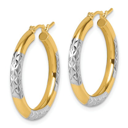 10K Yellow Gold With Rhodium Diamond Cut 3mm Hoop Earrings
