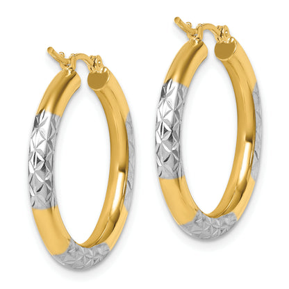 10K Yellow Gold With Rhodium Diamond Cut 3mm Hoop Earrings