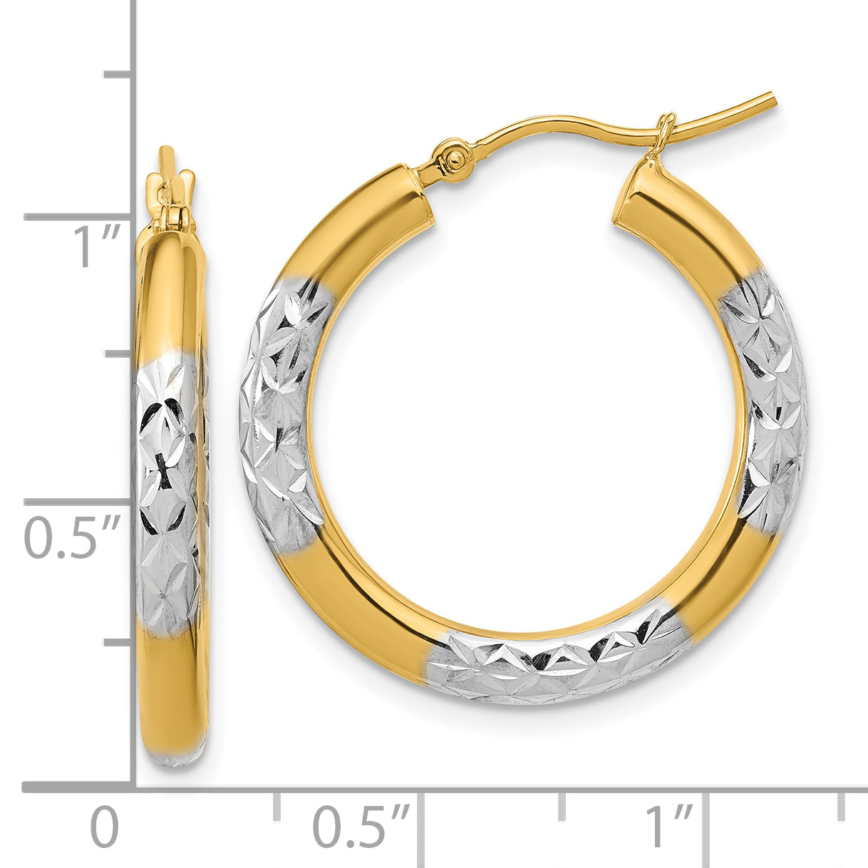 10K Yellow Gold With Rhodium Diamond Cut 3mm Hoop Earrings