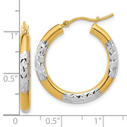10K Yellow Gold With Rhodium Diamond Cut 3mm Hoop Earrings