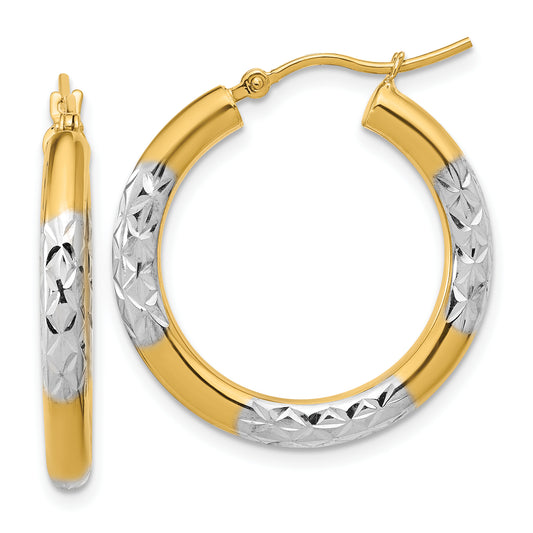 10K Yellow Gold With Rhodium Diamond Cut 3mm Hoop Earrings