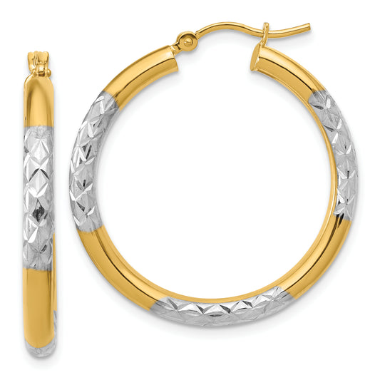 10K Yellow Gold With Rhodium Diamond Cut 3mm Hoop Earrings