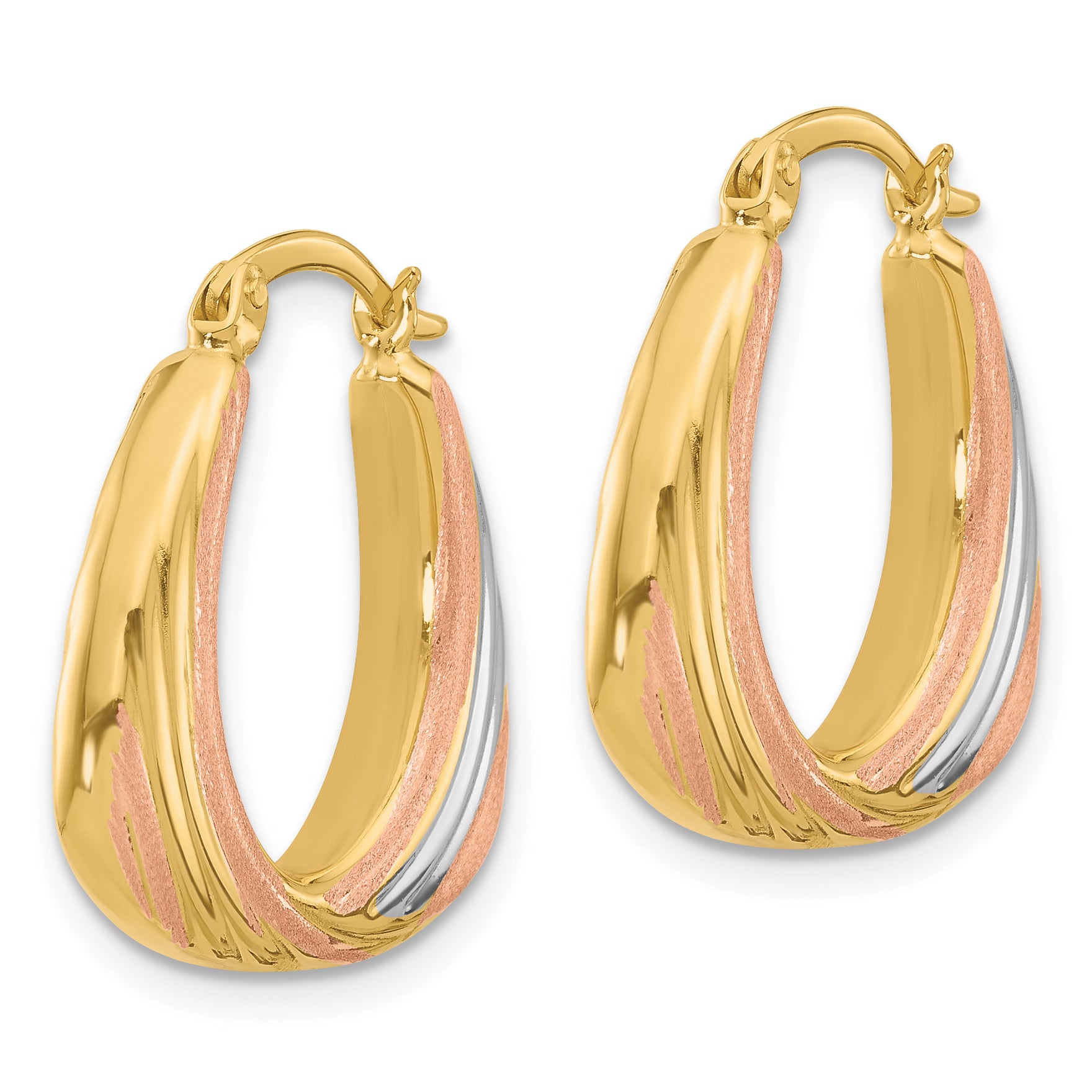 10K Two Tone White Rhodium Polished And Satin Hoop Earrings