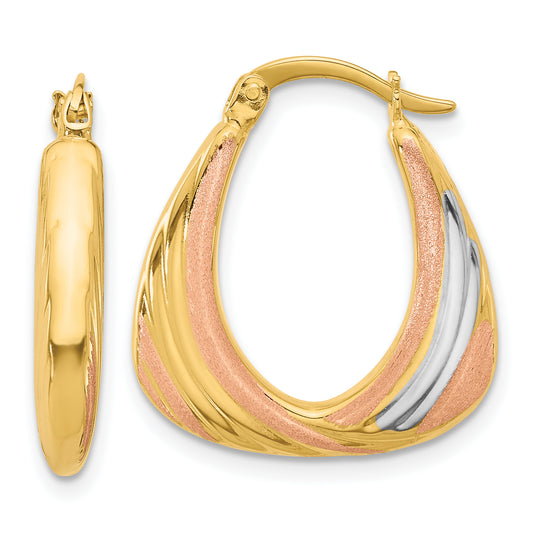 10K Two Tone White Rhodium Polished And Satin Hoop Earrings