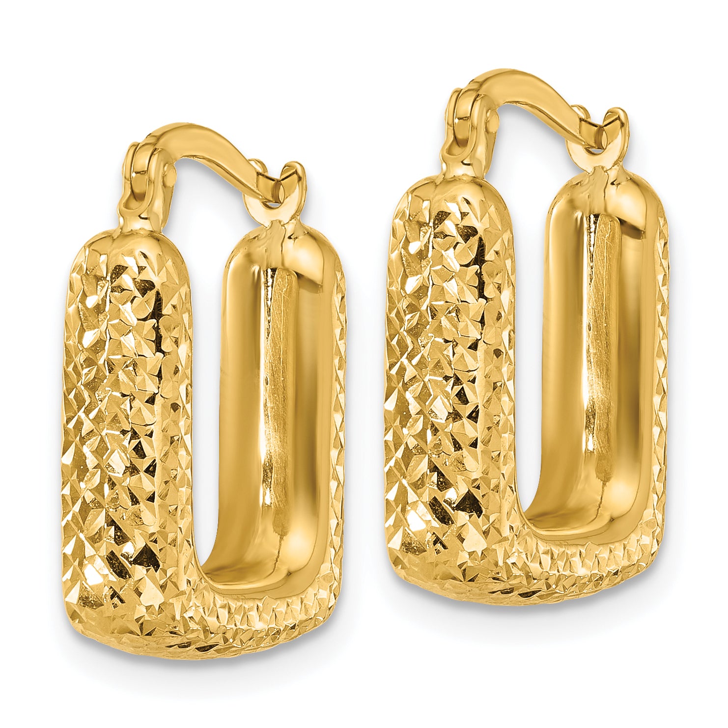 10K Yellow Gold Polished And Diamond Cut Square Hoop Earrings