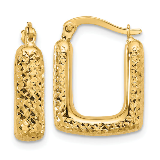 10K Yellow Gold Polished And Diamond Cut Square Hoop Earrings