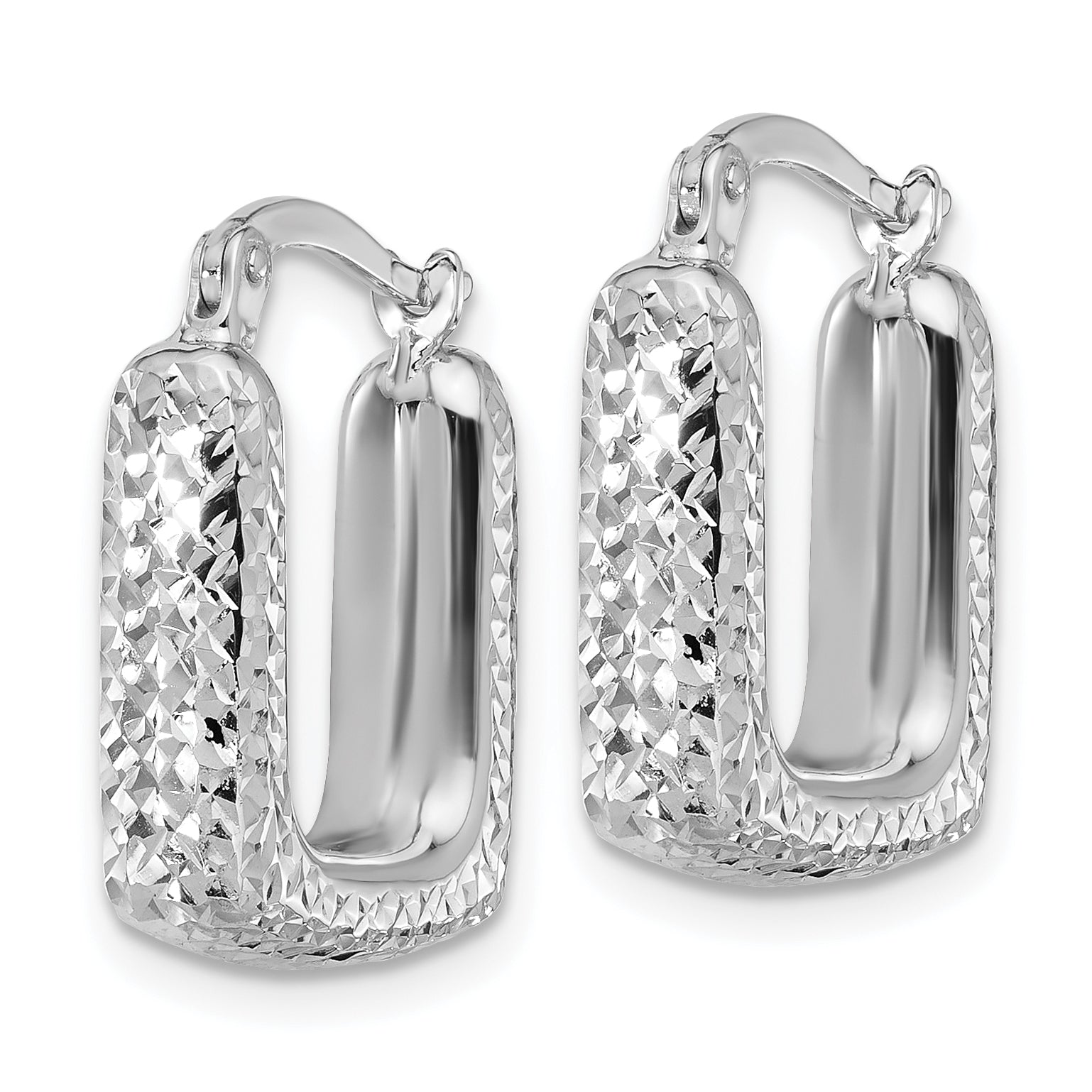10K White Gold Polished And Diamond Cut Square Hoop Earrings