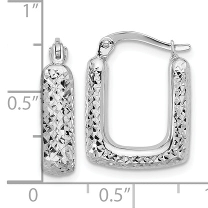 10K White Gold Polished And Diamond Cut Square Hoop Earrings