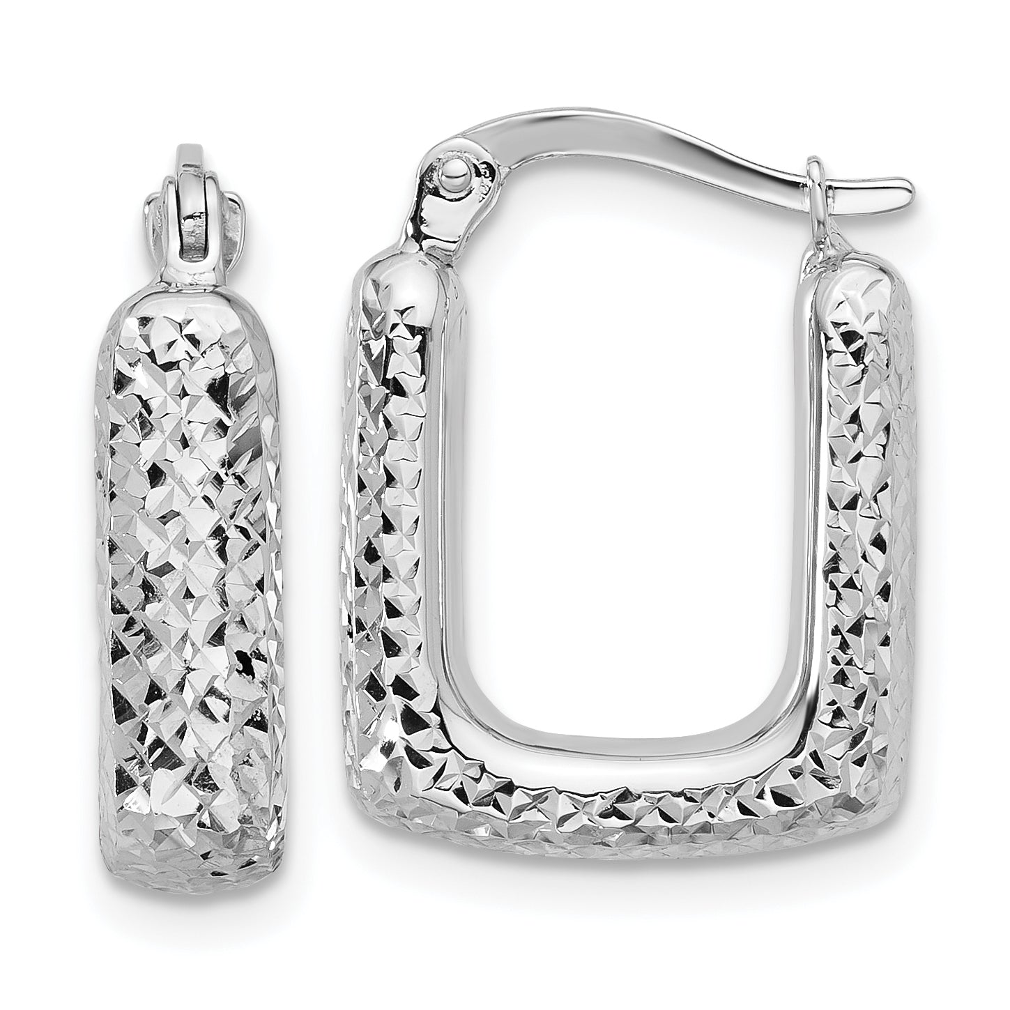 10K White Gold Polished And Diamond Cut Square Hoop Earrings