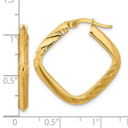 10K Yellow Gold Polished And Diamond Cut Square Hoop Earrings