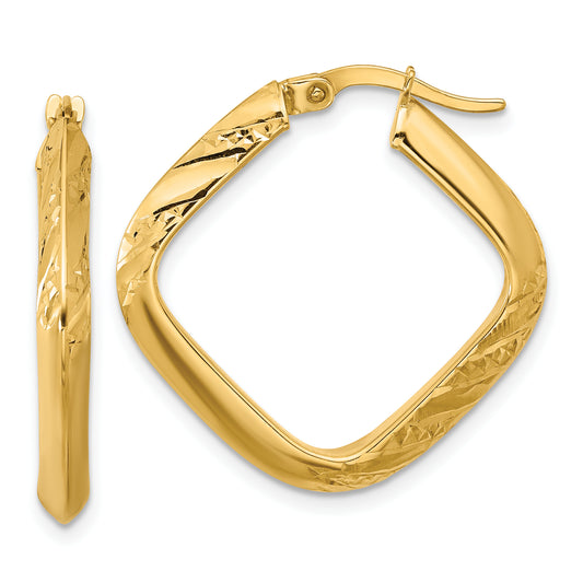 10K Yellow Gold Polished And Diamond Cut Square Hoop Earrings