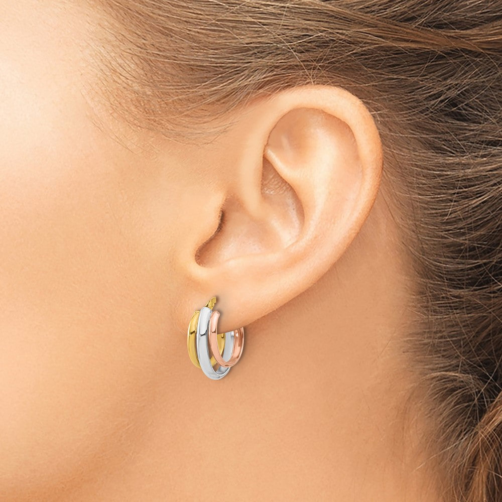 10K Yellow Rhodium With White And Rose Gold Plating Polished 3 Row Oval Hoop Earrings