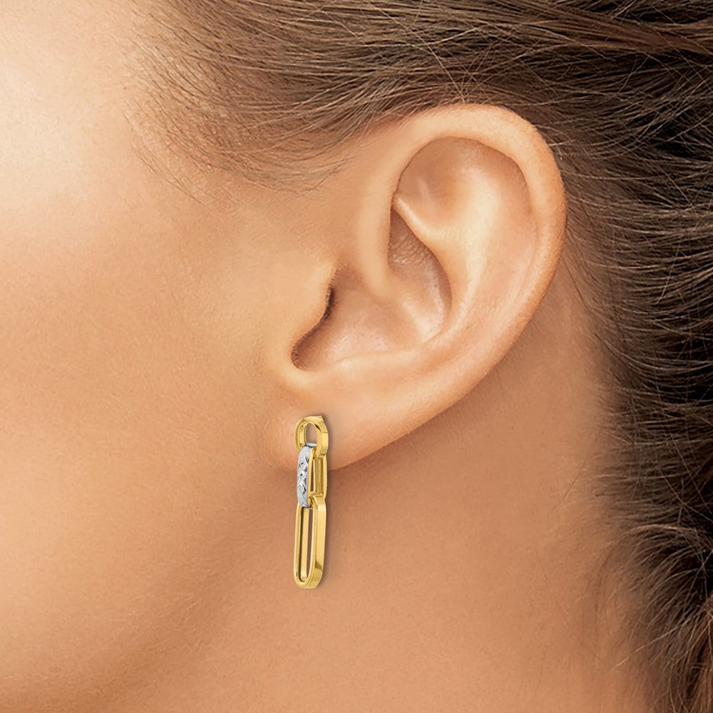 10K Yellow Rhodium Polished And D/C Link Dangle Post Earrings