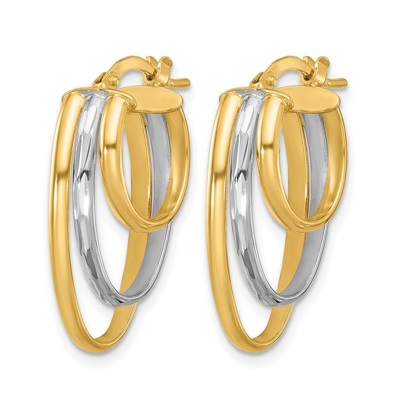 10K Yellow Rhodium White Polished 3 Row Oval Hoop Earrings