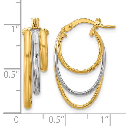 10K Yellow Rhodium White Polished 3 Row Oval Hoop Earrings