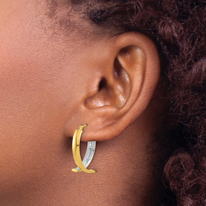 10K Yellow Rhodium White Polished And Textured Fancy Hoop Earrings