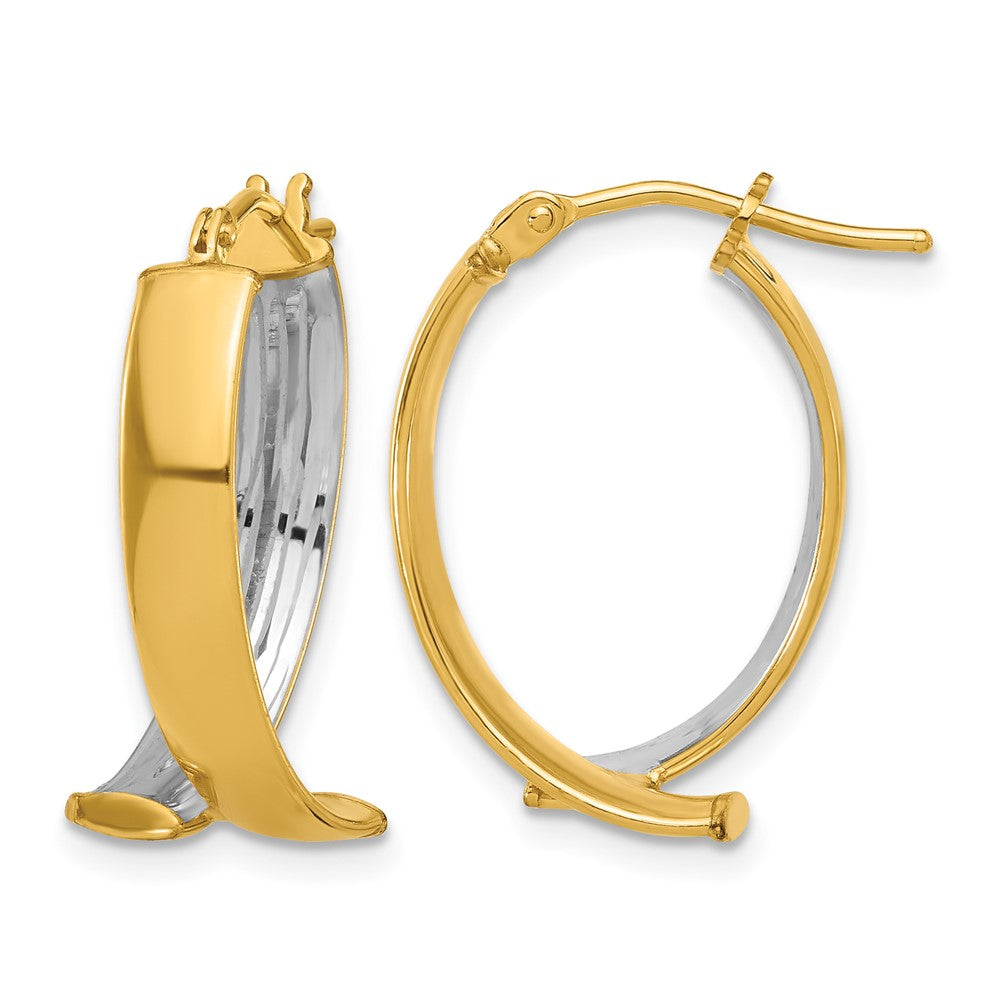 10K Yellow Rhodium White Polished And Textured Fancy Hoop Earrings