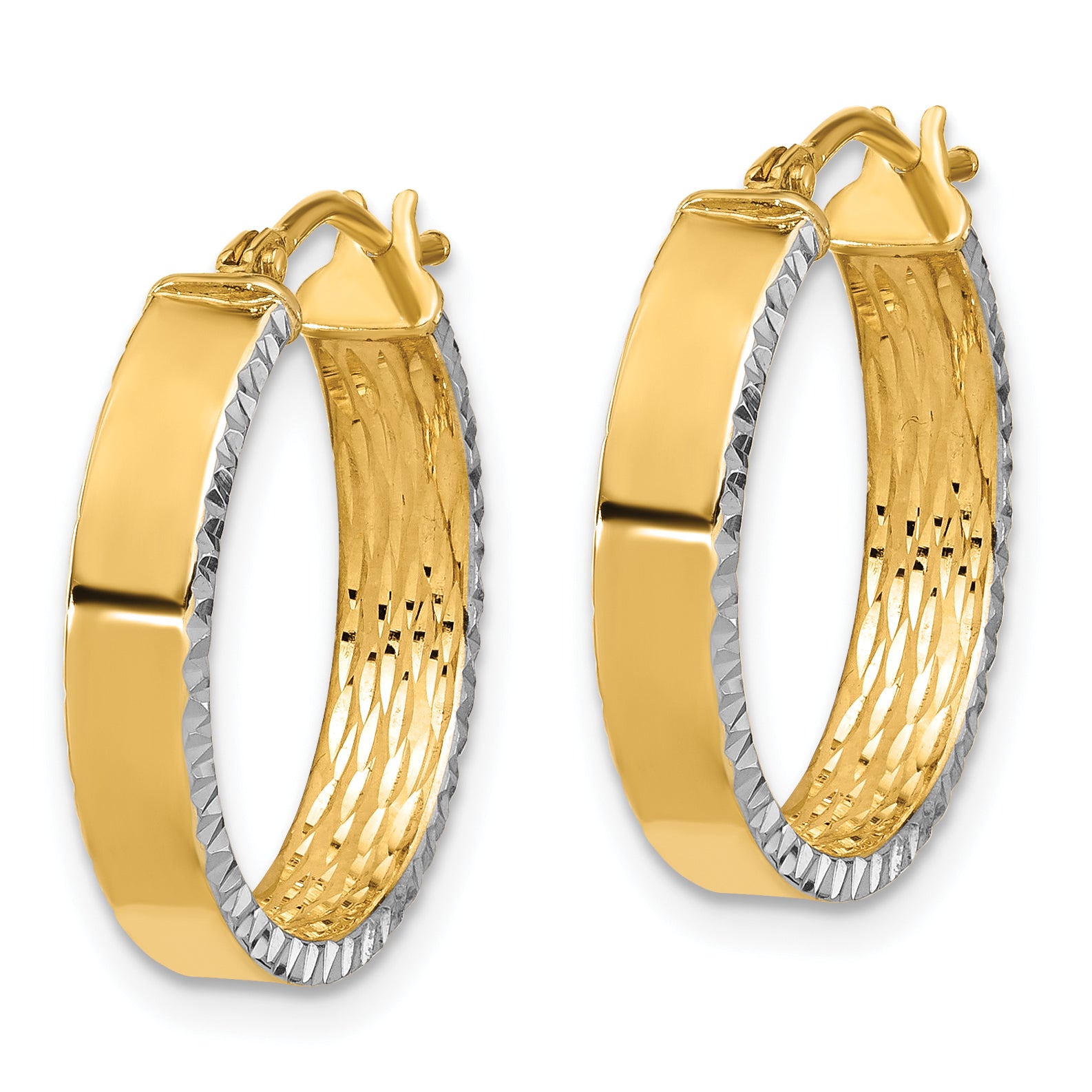 10K Yellow Rhodium W/ White Polished And Diamond Cut Hoop Earrings