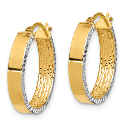 10K Yellow Rhodium W/ White Polished And Diamond Cut Hoop Earrings