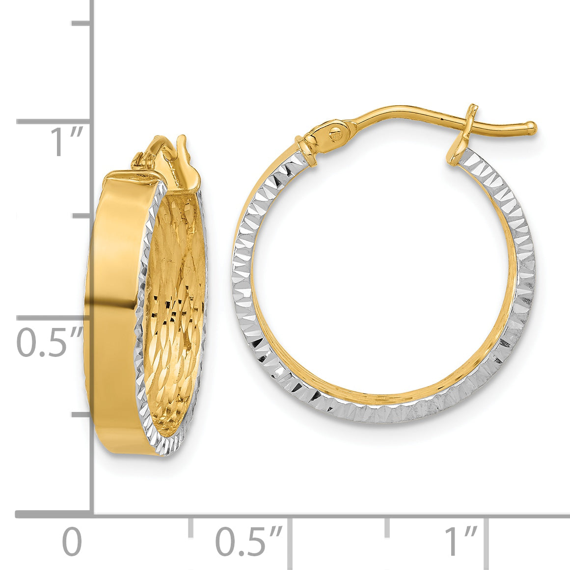 10K Yellow Rhodium W/ White Polished And Diamond Cut Hoop Earrings