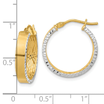 10K Yellow Rhodium W/ White Polished And Diamond Cut Hoop Earrings
