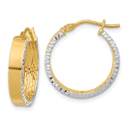 10K Yellow Rhodium W/ White Polished And Diamond Cut Hoop Earrings