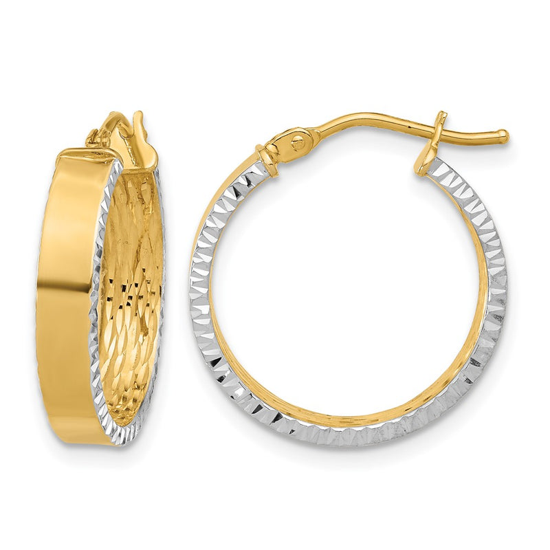 10K Yellow Rhodium W/ White Polished And Diamond Cut Hoop Earrings