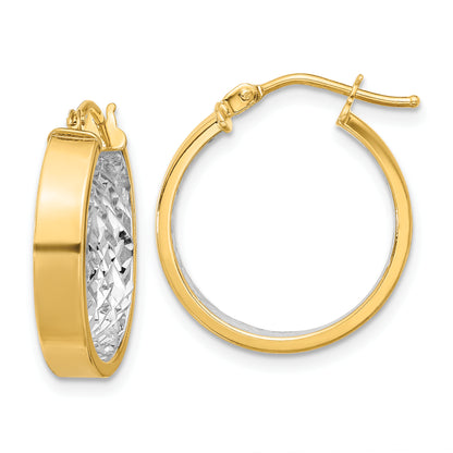 10K Yellow Rhodium W/ White Polished And Diamond Cut Hoop Earrings