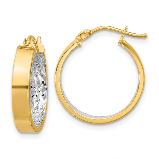 10K Yellow Rhodium W/ White Polished And Diamond Cut Hoop Earrings
