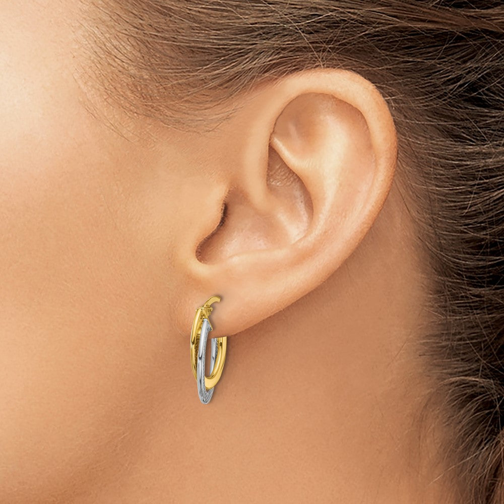 10K Yellow Rhodium With Polished And Textured Fancy Hoop Earrings