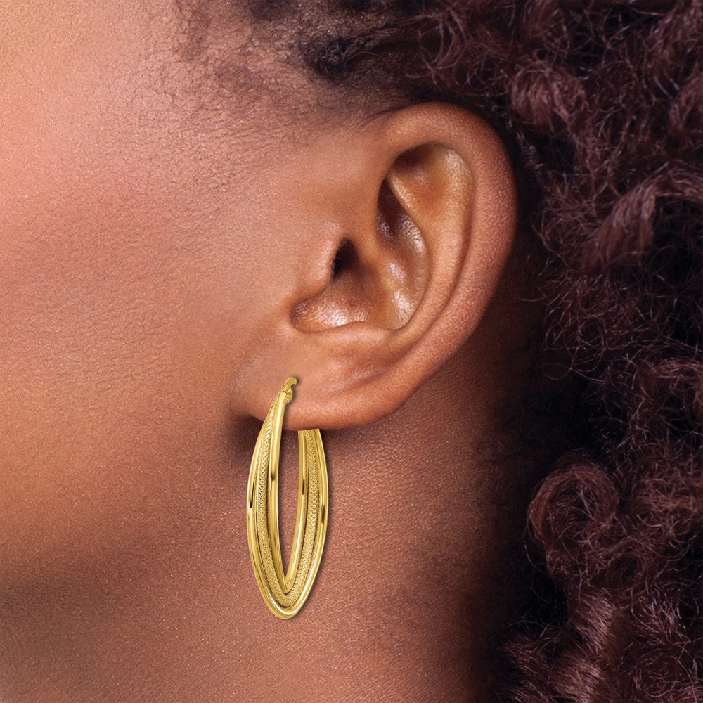 10K Yellow Gold Polished And Textured Triple Oval Twist Hoop Earrings