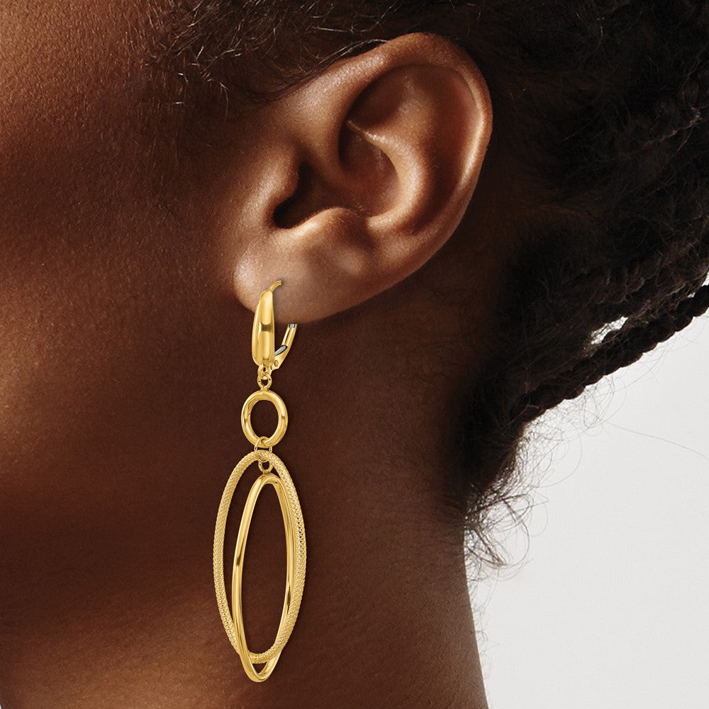 10K Yellow Gold Polished And Textured Oval Dangle Leverback Earrings