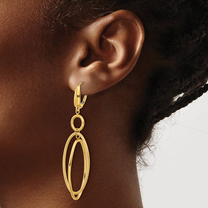 10K Yellow Gold Polished And Textured Oval Dangle Leverback Earrings