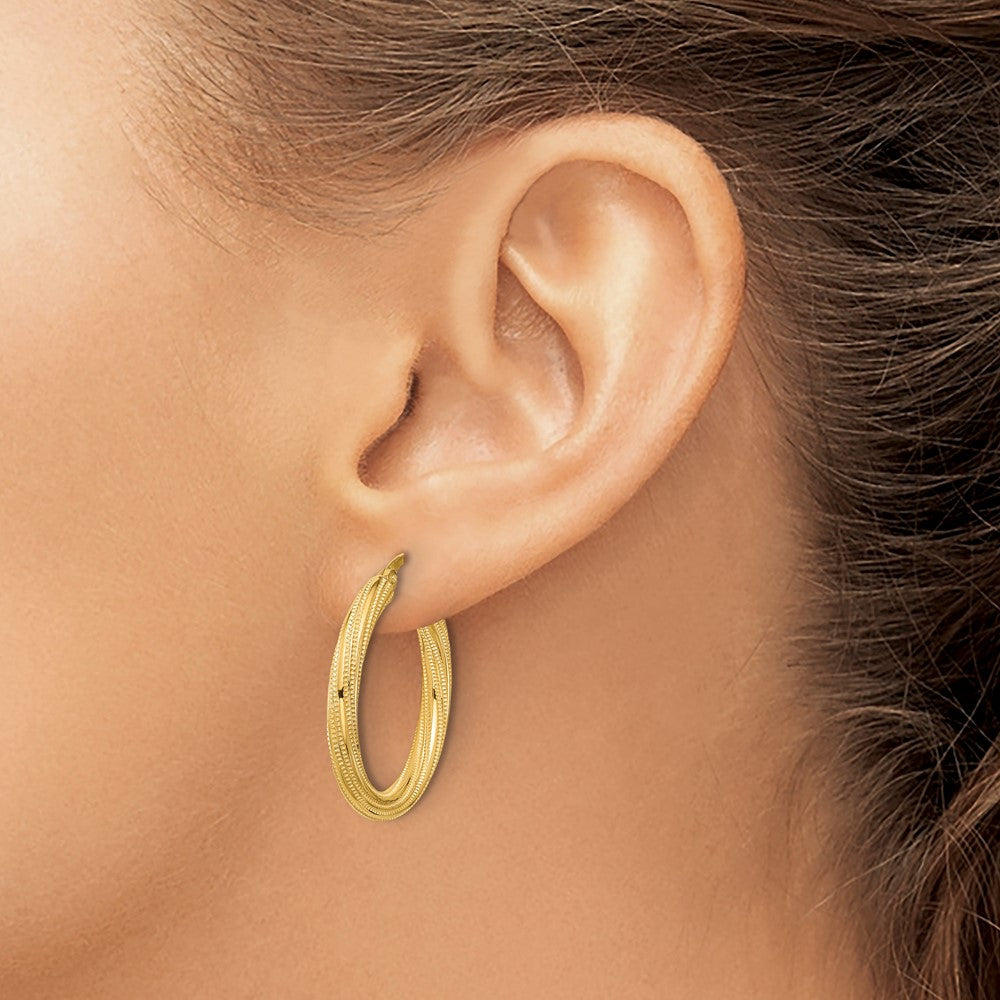 10K Yellow Gold Polished And Textured Twisted Tube Hoop Earrings