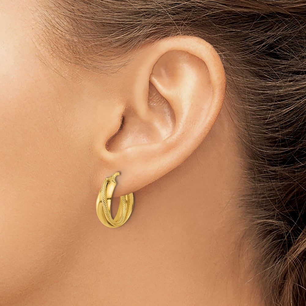 10K Yellow Gold Polished And Textured Round Hoop Earrings