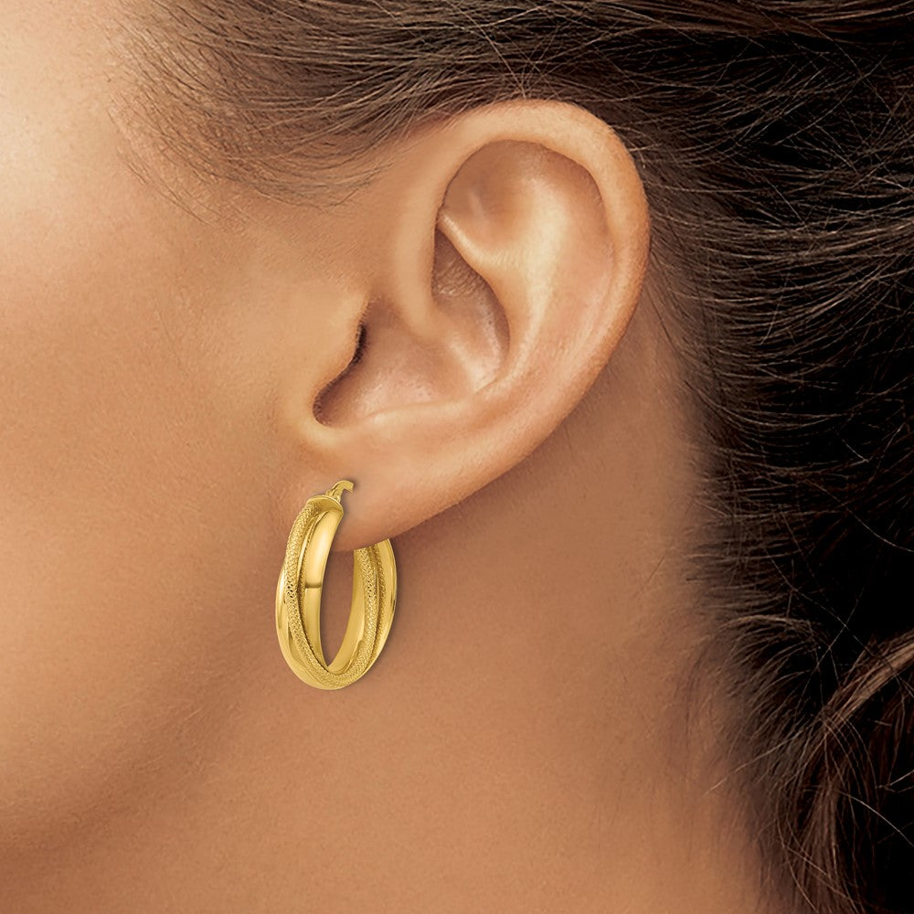 10K Yellow Gold Polished And Textured Round Hoop Earrings