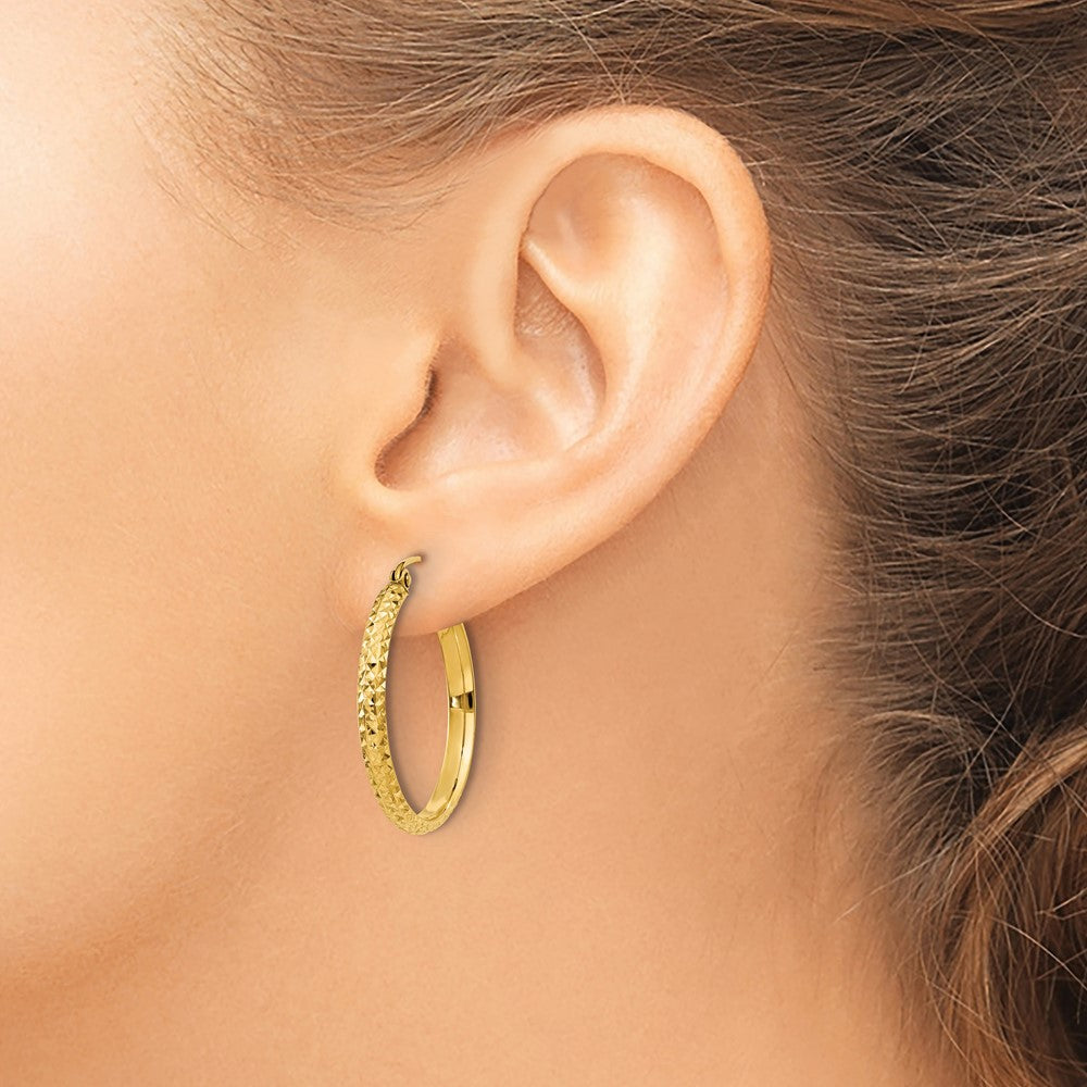 10K Yellow Gold D/C 2.8X25mm Hollow Hoop Earrings