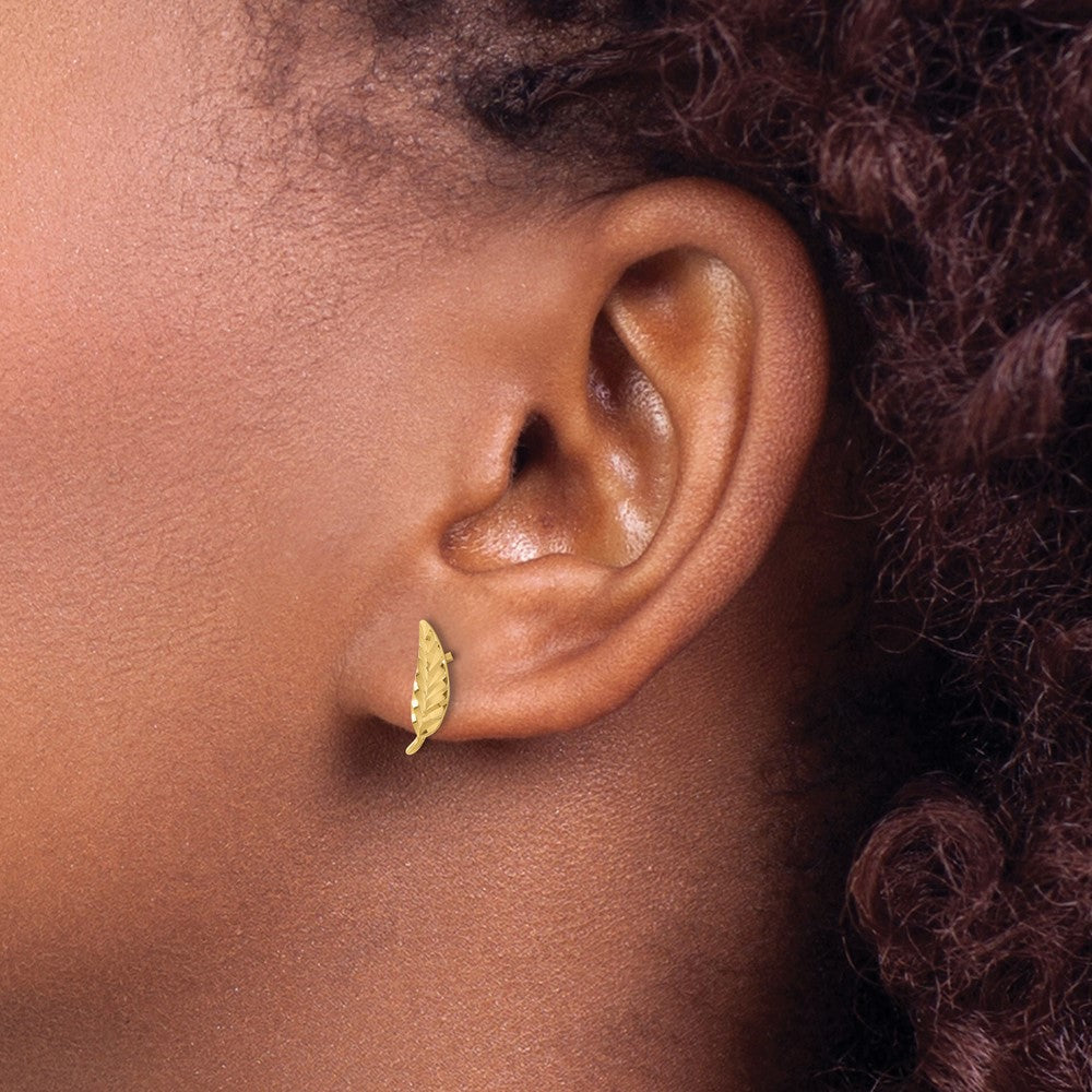10K Yellow Gold Polished And Diamond Cut Leaf Post Earrings