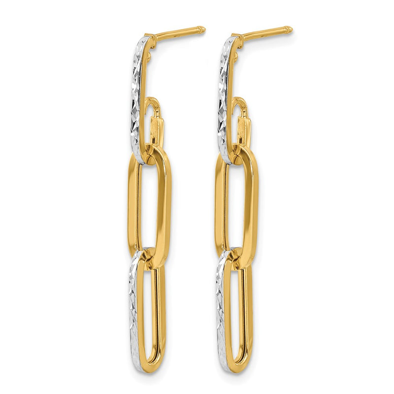 10K Yellow Rhodium W/ White Rhod Polished/Dia Cut Link Dangle Earrings