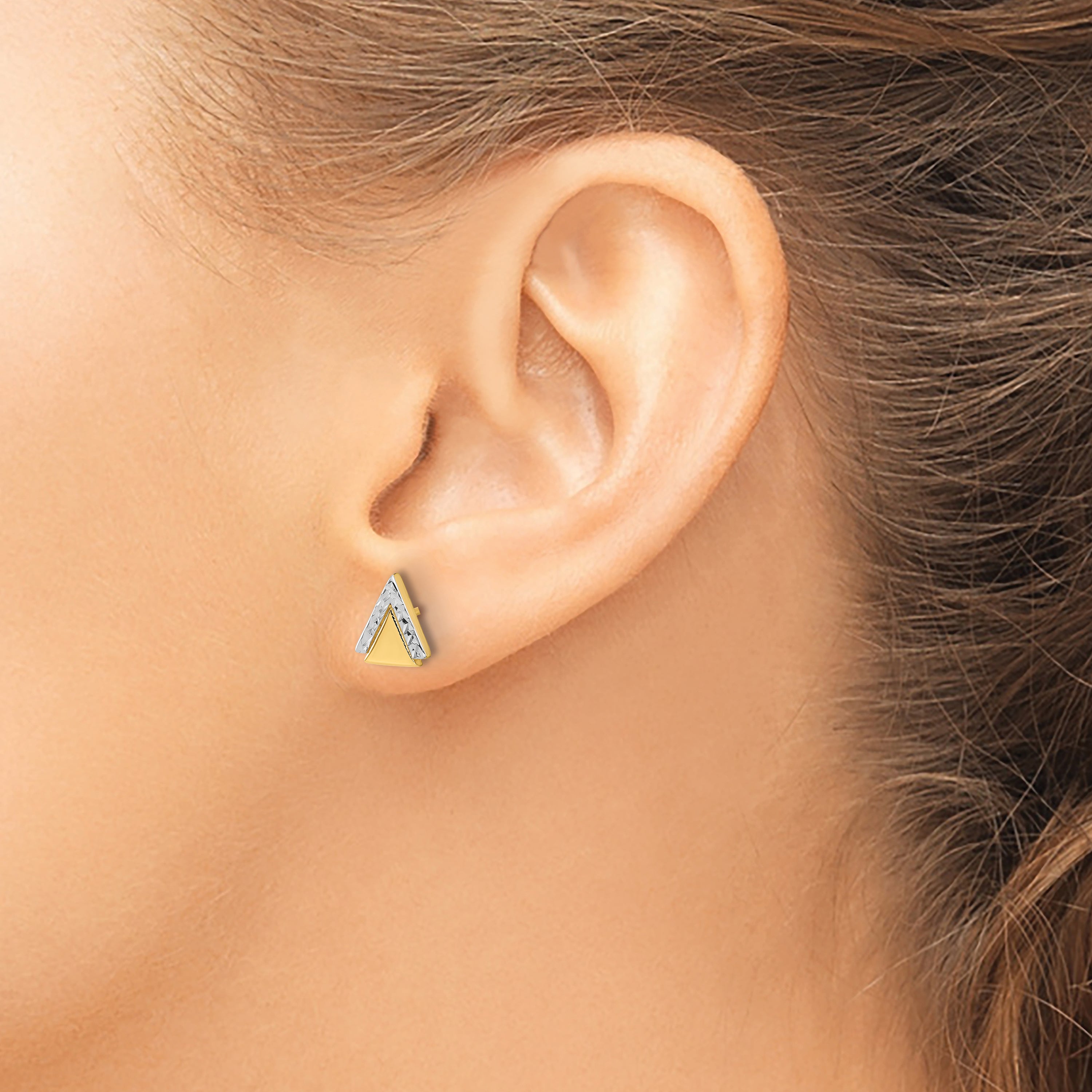 10K Yellow Rhodium With Polished And Diamond Cut Triangle Post Earrings
