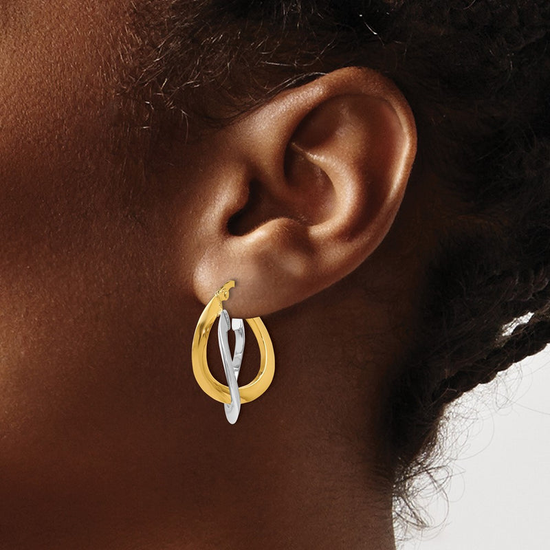 10K Two Tone Polished Twisted Double Hoop Earrings