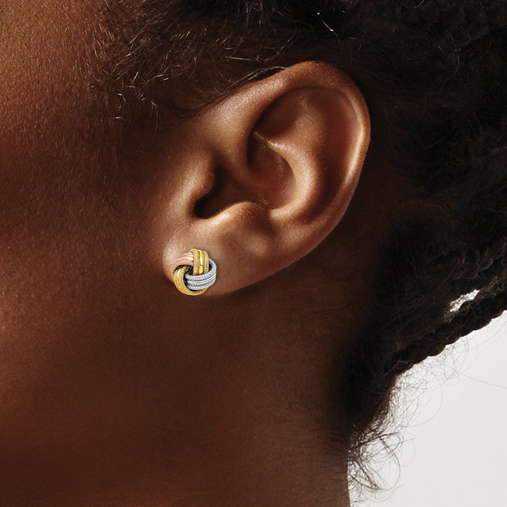 10K Yellow Rhodium White And Rose Knot Polished D/C Post Earrings