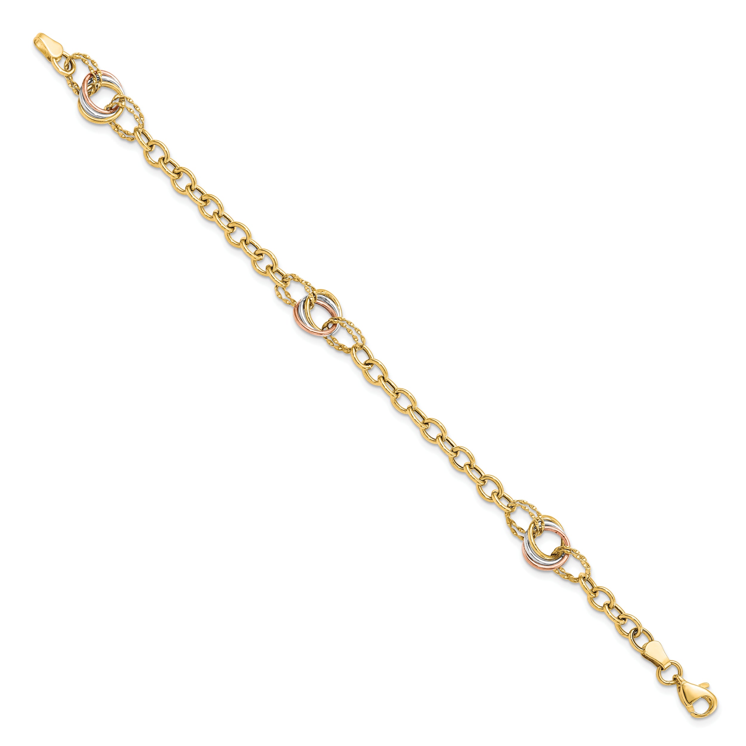7.25 Inch 10K Tri-Color Polished And Textured Fancy Link Bracelet