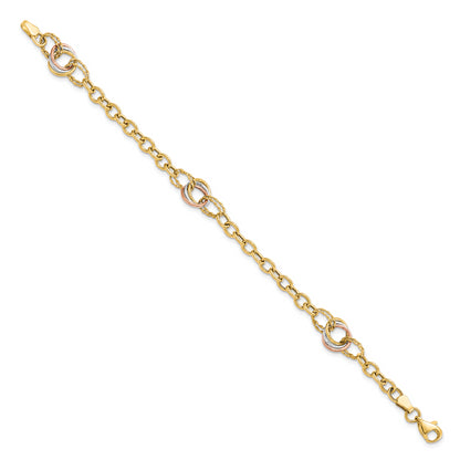 7.25 Inch 10K Tri-Color Polished And Textured Fancy Link Bracelet