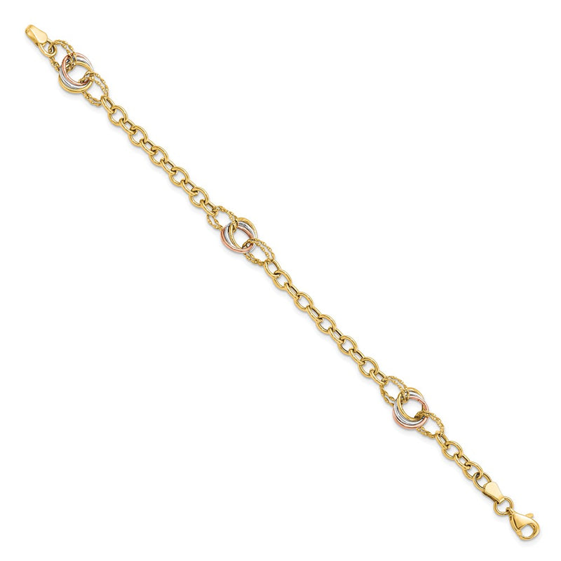7.25 Inch 10K Tri-Color Polished And Textured Fancy Link Bracelet