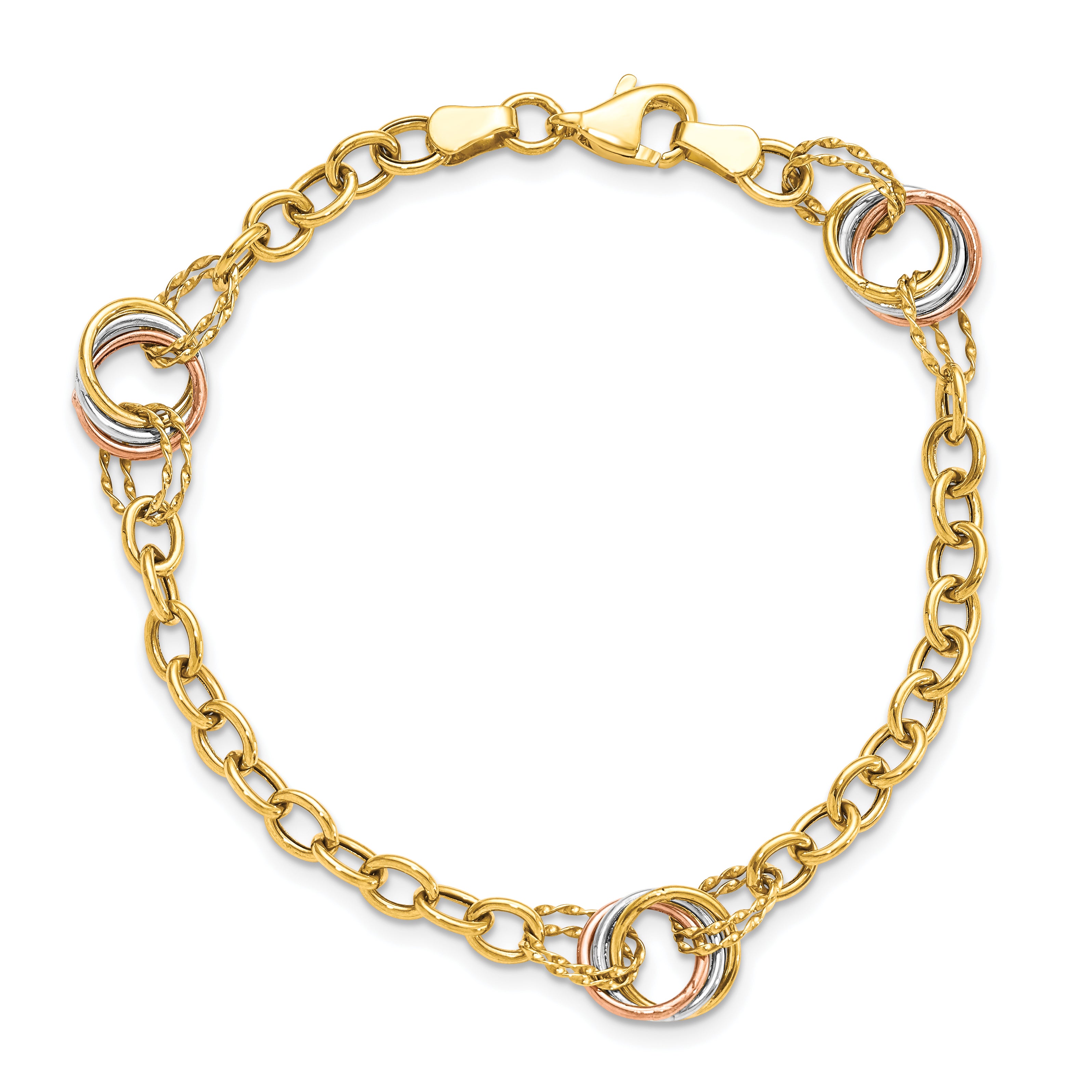 7.25 Inch 10K Tri-Color Polished And Textured Fancy Link Bracelet