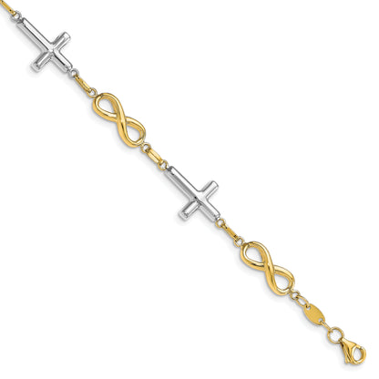 10K Two Tone Polished Cross And Infinity Bracelet