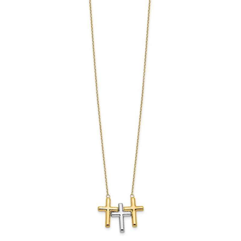 10K Two Tone Polished 3 Cross Necklace